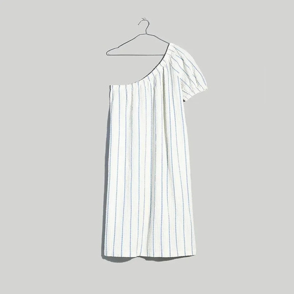 MADEWELL NWOT Seersucker One Shoulder Puff Sleeve Midi Dress - Picture 3 of 8